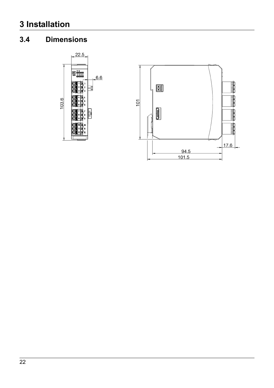 4 dimensions, Dimensions, 3 installation | JUMO 705015 mTRON T - Relay Module 4-Ch. Operating Manual User Manual | Page 22 / 44