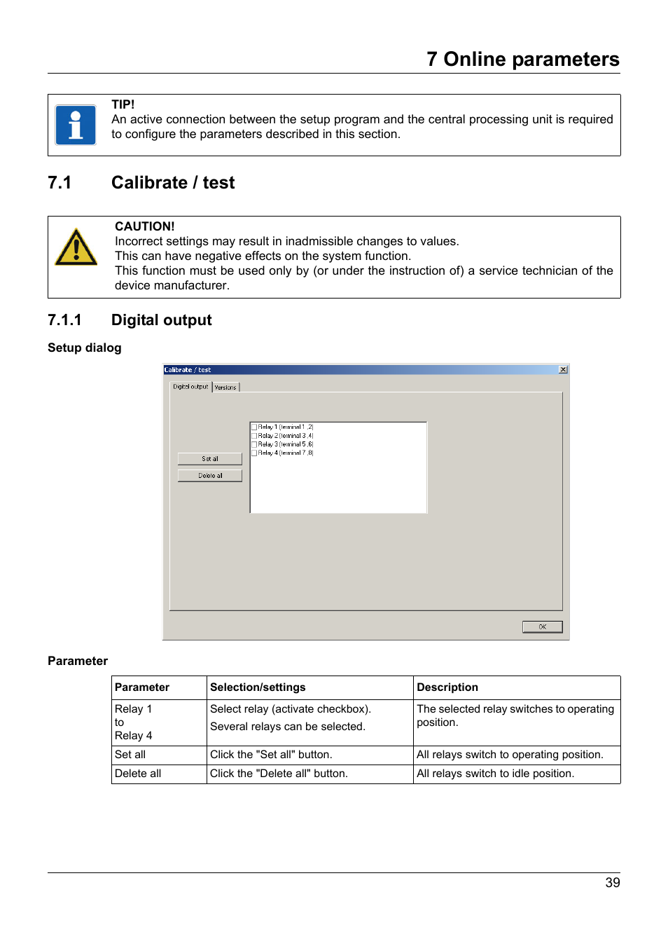 7 online parameters, 1 calibrate / test, 1 digital output | Online parameters, Calibrate / test | JUMO 705015 mTRON T - Relay Module 4-Ch. Operating Manual User Manual | Page 39 / 44