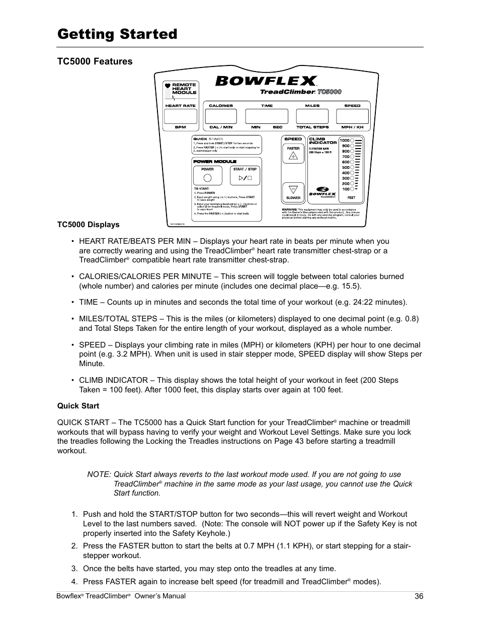 Getting started, Tc5000 features | Bowflex TreadClimber TC5000 User Manual | Page 39 / 69