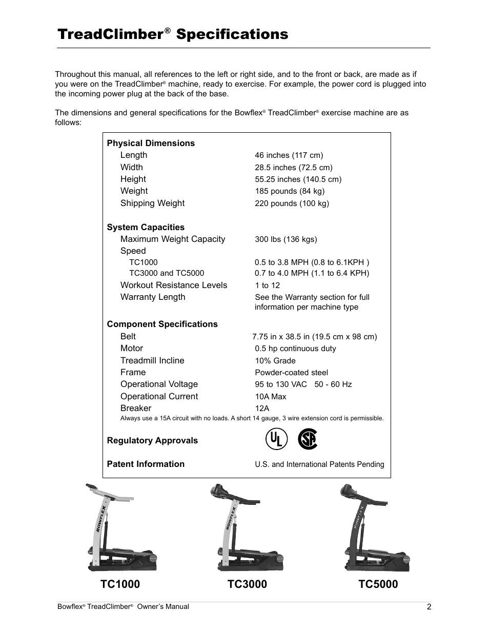 Treadclimber, Specifications | Bowflex TreadClimber TC5000 User Manual | Page 5 / 69