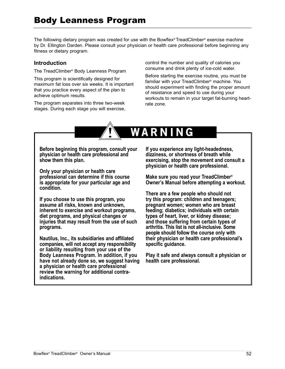 Body leanness program | Bowflex TreadClimber TC5000 User Manual | Page 55 / 69