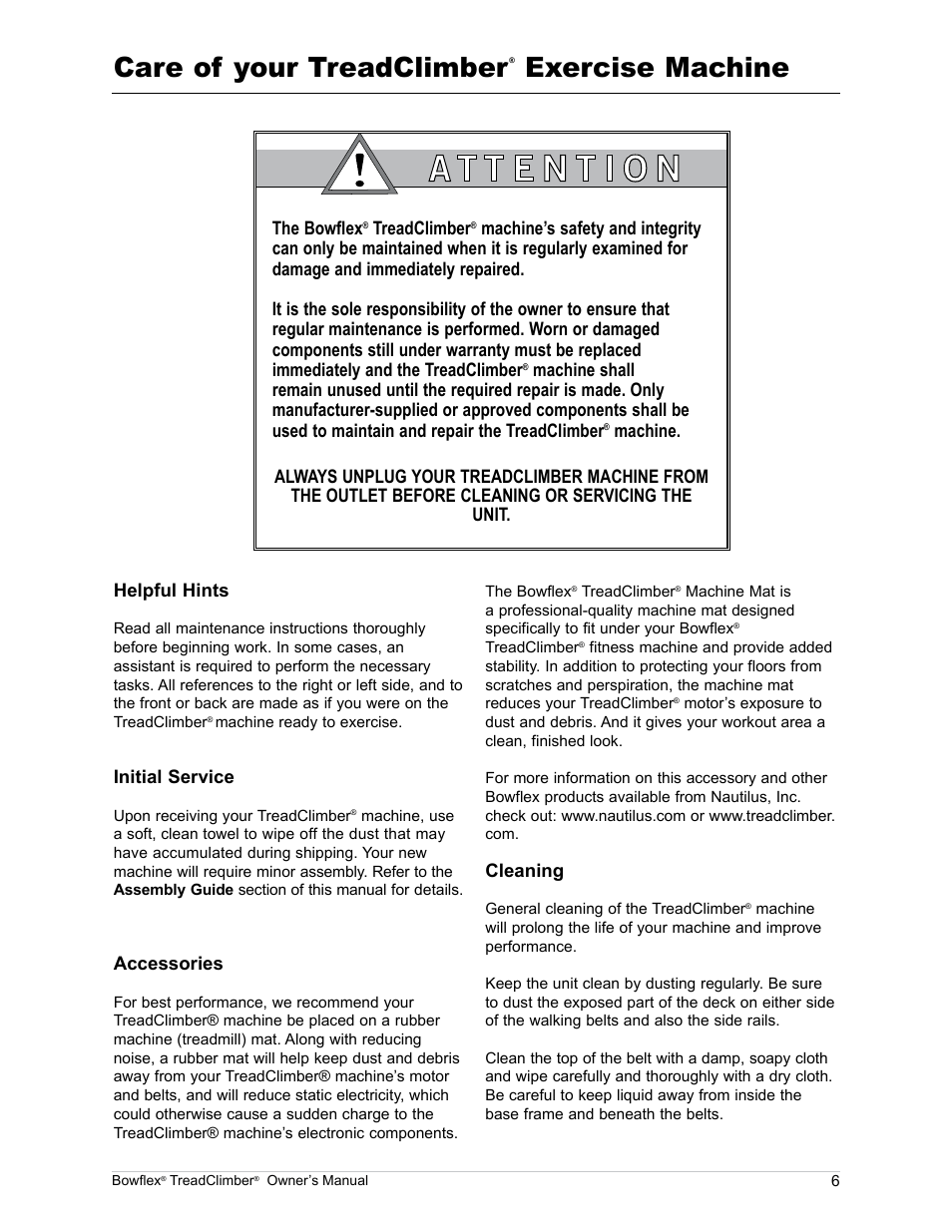 Care of your treadclimber, Exercise machine | Bowflex TreadClimber TC5000 User Manual | Page 9 / 69