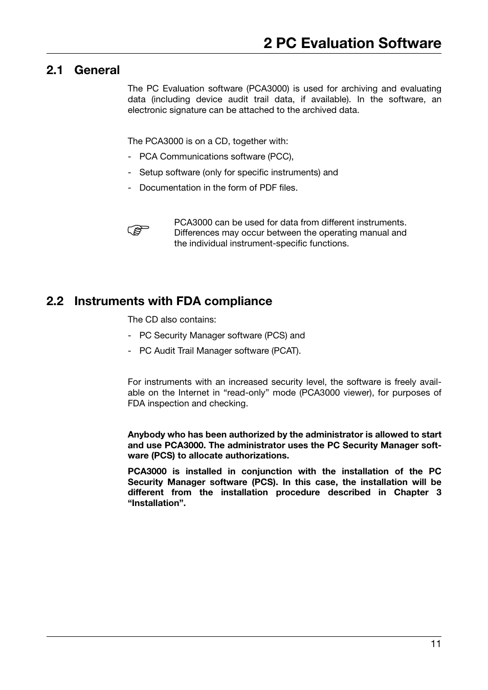 2 pc evaluation software, 1 general, 2 instruments with fda compliance | Pc evaluation software, General, Instruments with fda compliance | JUMO PCA3000 PC Evaluation Software User Manual | Page 11 / 94
