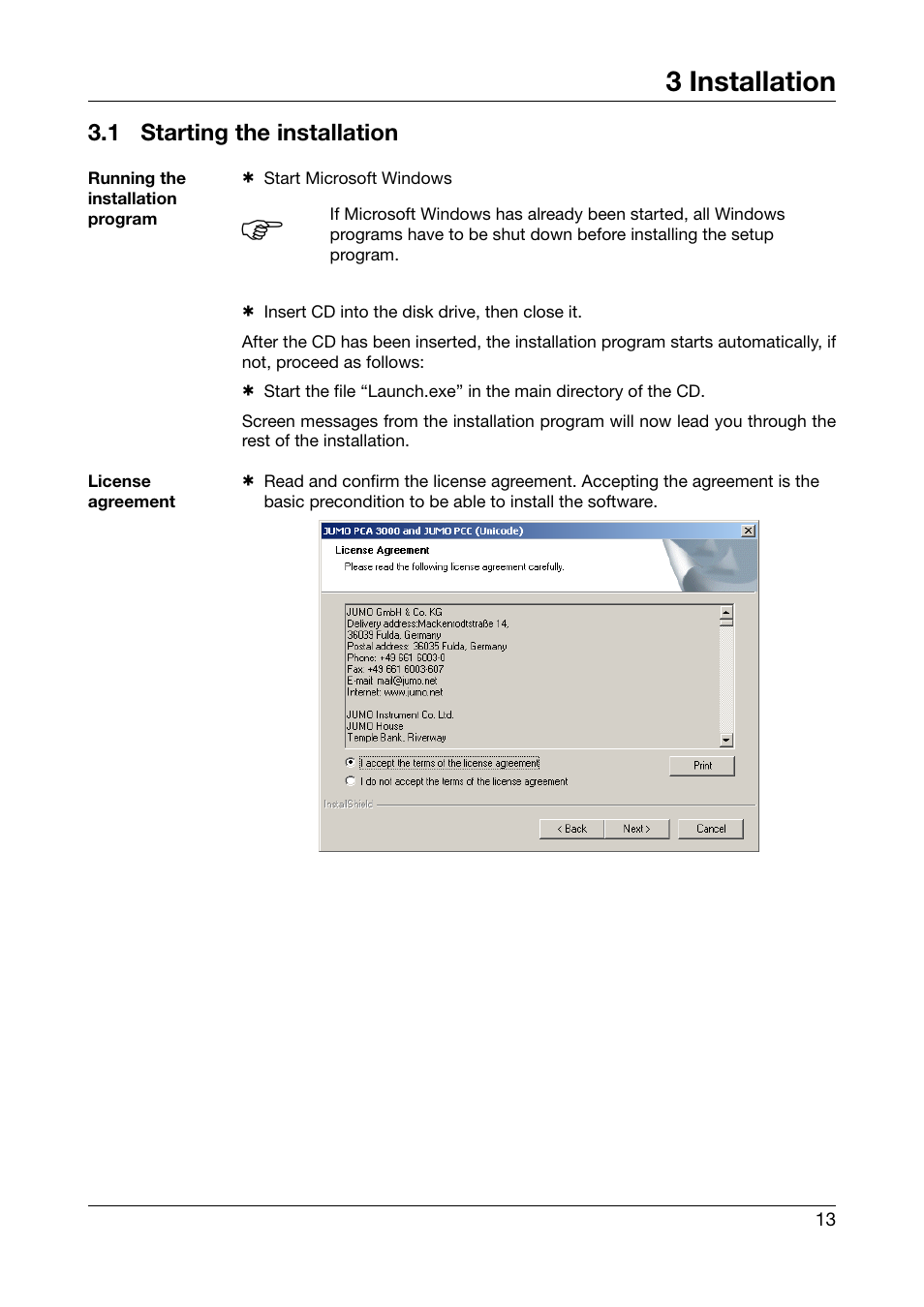 3 installation, 1 starting the installation, Installation | Starting the installation | JUMO PCA3000 PC Evaluation Software User Manual | Page 13 / 94