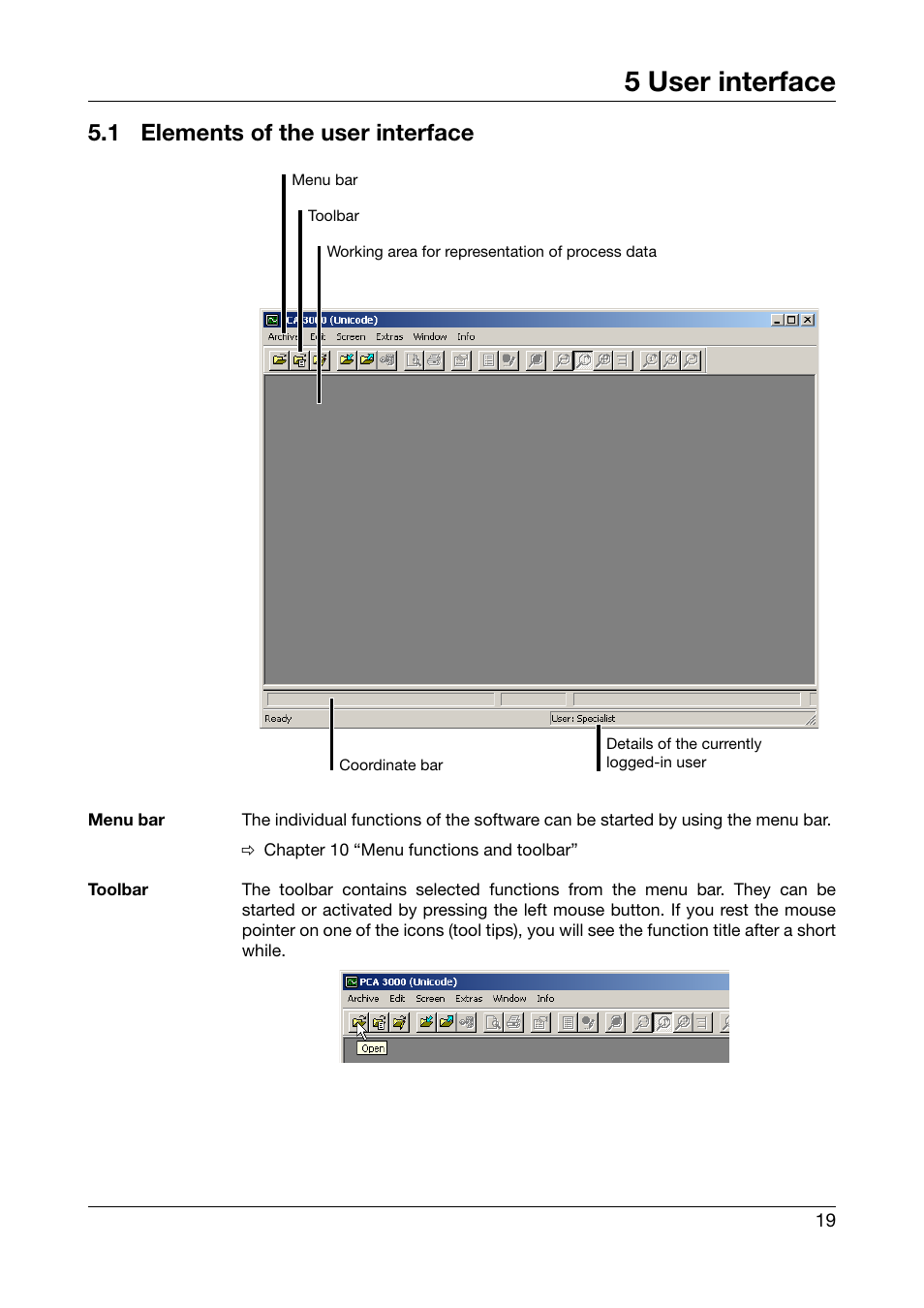 5 user interface, 1 elements of the user interface, User interface | Elements of the user interface | JUMO PCA3000 PC Evaluation Software User Manual | Page 19 / 94
