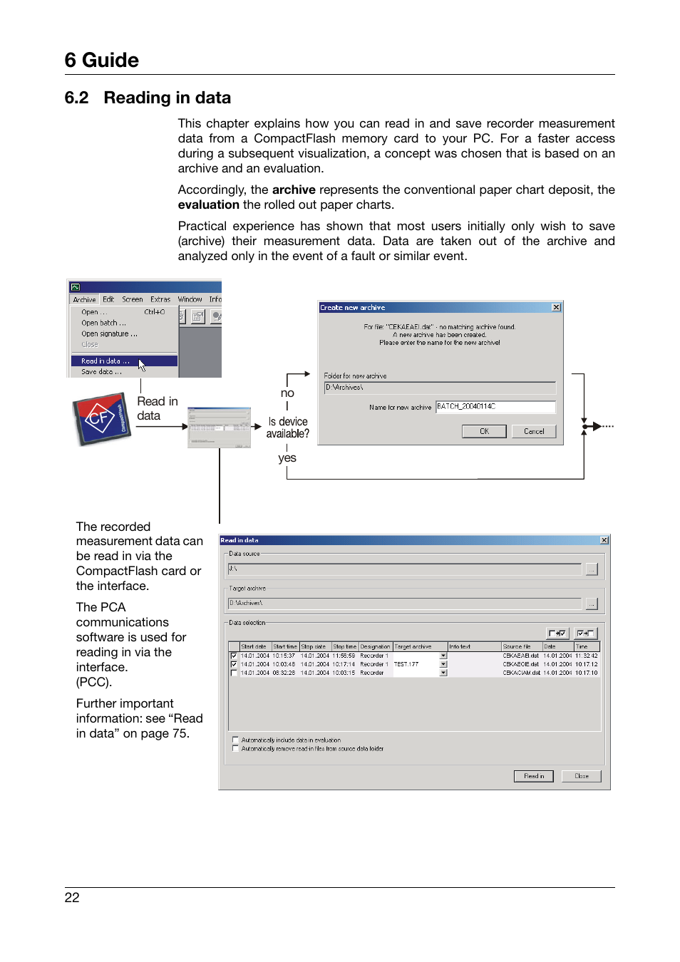 2 reading in data, Reading in data, 6 guide | JUMO PCA3000 PC Evaluation Software User Manual | Page 22 / 94