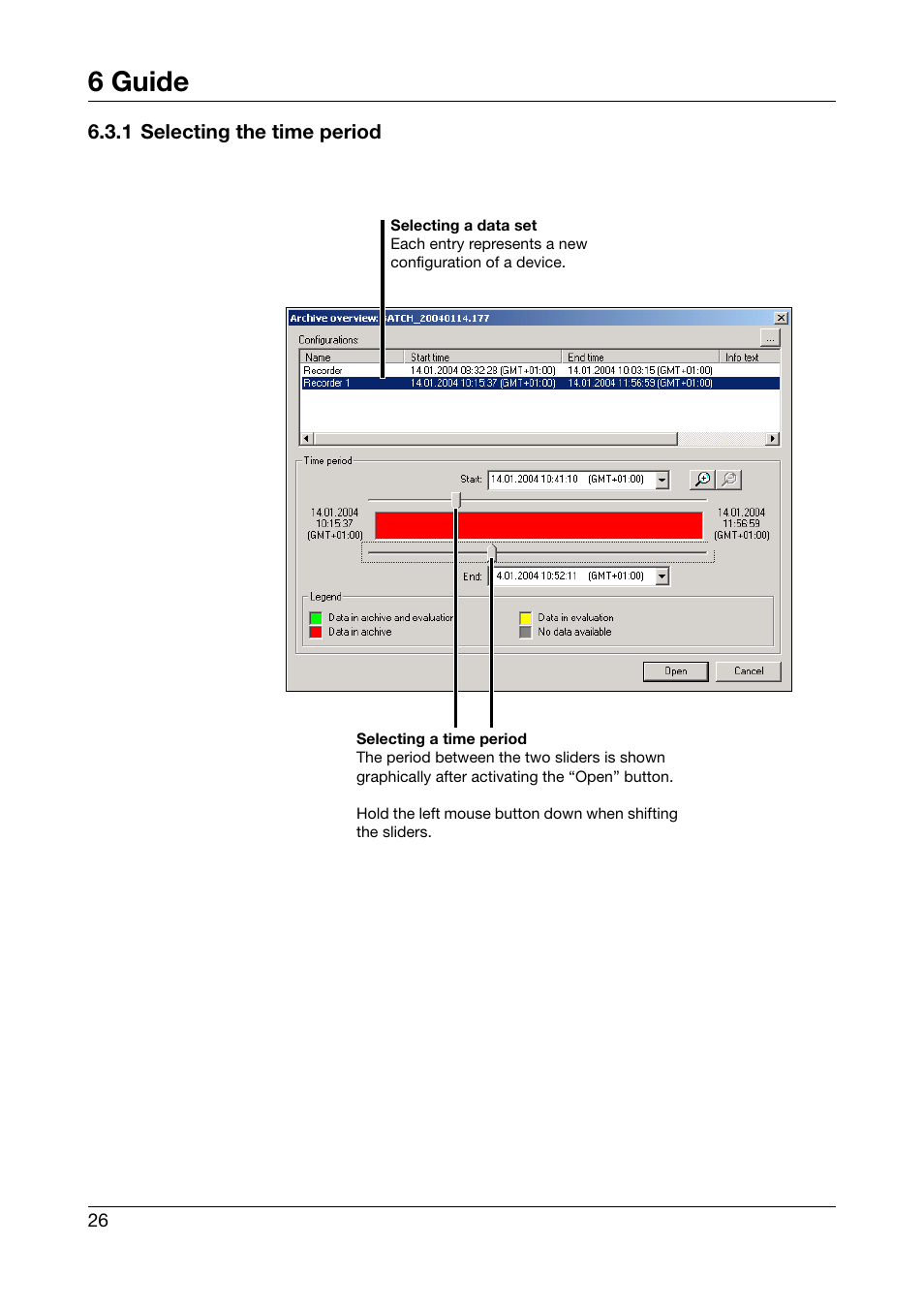 1 selecting the time period, 6 guide | JUMO PCA3000 PC Evaluation Software User Manual | Page 26 / 94