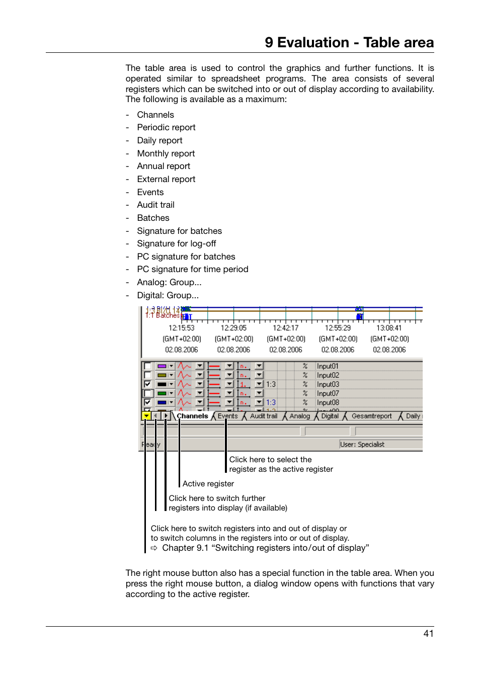 9 evaluation - table area, Evaluation - table area | JUMO PCA3000 PC Evaluation Software User Manual | Page 41 / 94