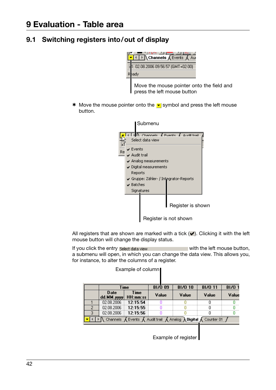 1 switching registers into / out of display, Switching registers into/out of display, 9 evaluation - table area | 1 switching registers into/out of display | JUMO PCA3000 PC Evaluation Software User Manual | Page 42 / 94