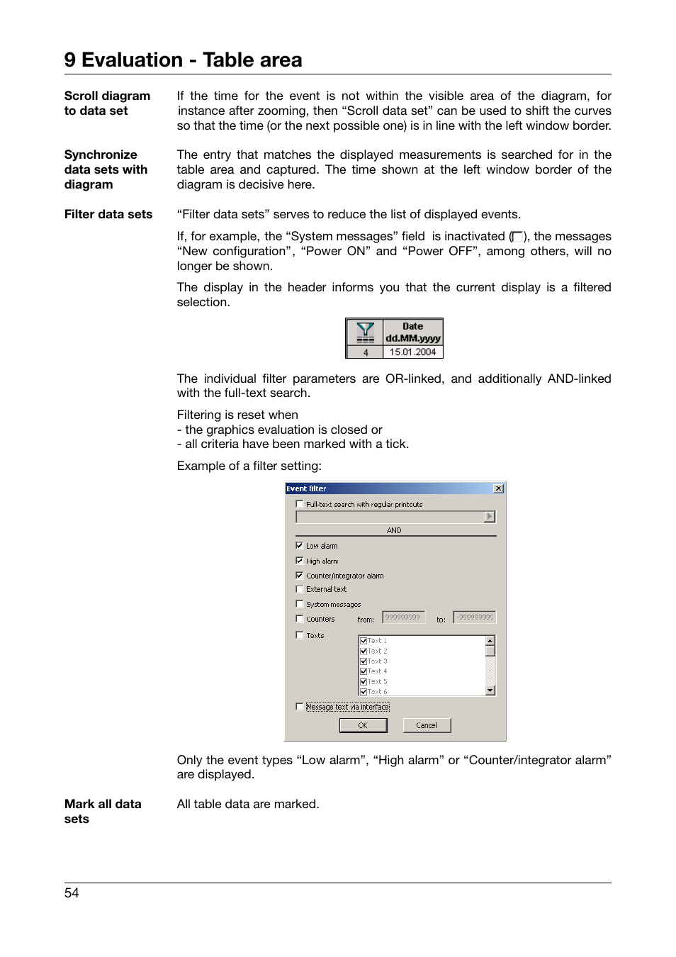 9 evaluation - table area | JUMO PCA3000 PC Evaluation Software User Manual | Page 54 / 94