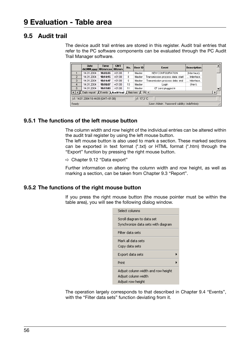 5 audit trail, 1 the functions of the left mouse button, 2 the functions of the right mouse button | Audit trail, 9 evaluation - table area | JUMO PCA3000 PC Evaluation Software User Manual | Page 56 / 94