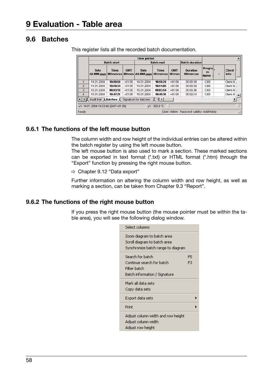 6 batches, 1 the functions of the left mouse button, 2 the functions of the right mouse button | Batches, 9 evaluation - table area | JUMO PCA3000 PC Evaluation Software User Manual | Page 58 / 94