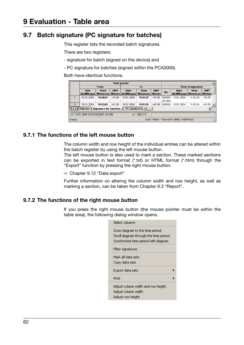 7 batch signature (pc signature for batches), 1 the functions of the left mouse button, 2 the functions of the right mouse button | Batch signature (pc signature for batches), 9 evaluation - table area | JUMO PCA3000 PC Evaluation Software User Manual | Page 62 / 94