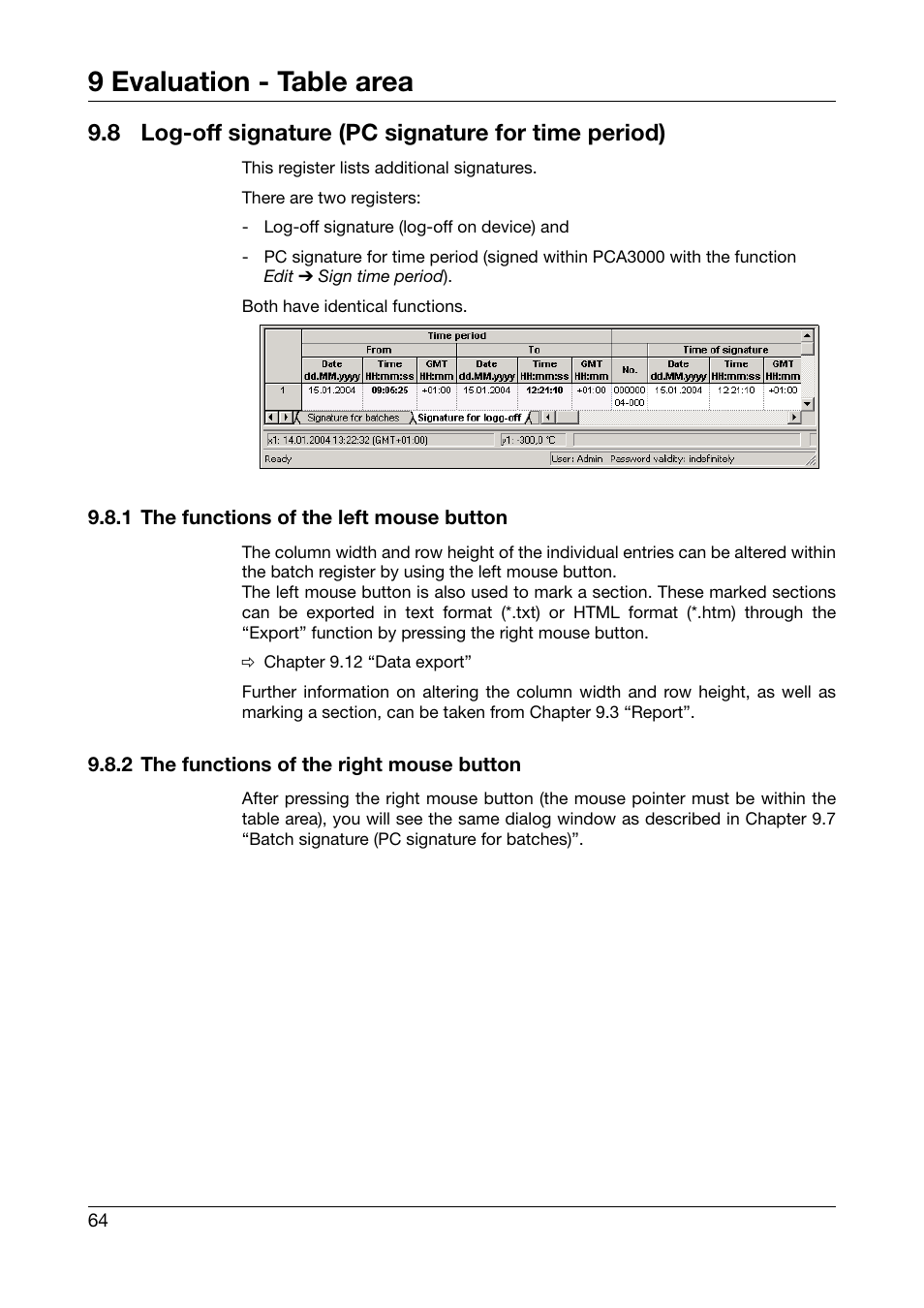 8 log-off signature (pc signature for time period), 1 the functions of the left mouse button, 2 the functions of the right mouse button | Log-off signature (pc signature for time period), 9 evaluation - table area | JUMO PCA3000 PC Evaluation Software User Manual | Page 64 / 94