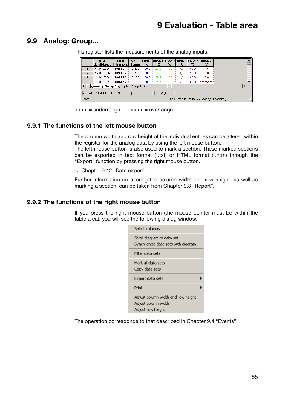 9 analog: group, 1 the functions of the left mouse button, 2 the functions of the right mouse button | Analog: group, 9 evaluation - table area | JUMO PCA3000 PC Evaluation Software User Manual | Page 65 / 94