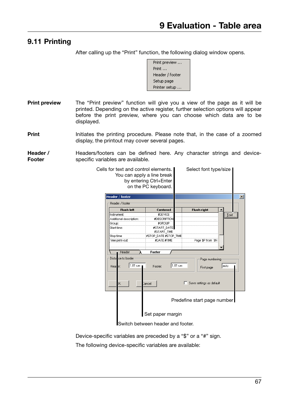 11 printing, 9 evaluation - table area | JUMO PCA3000 PC Evaluation Software User Manual | Page 67 / 94