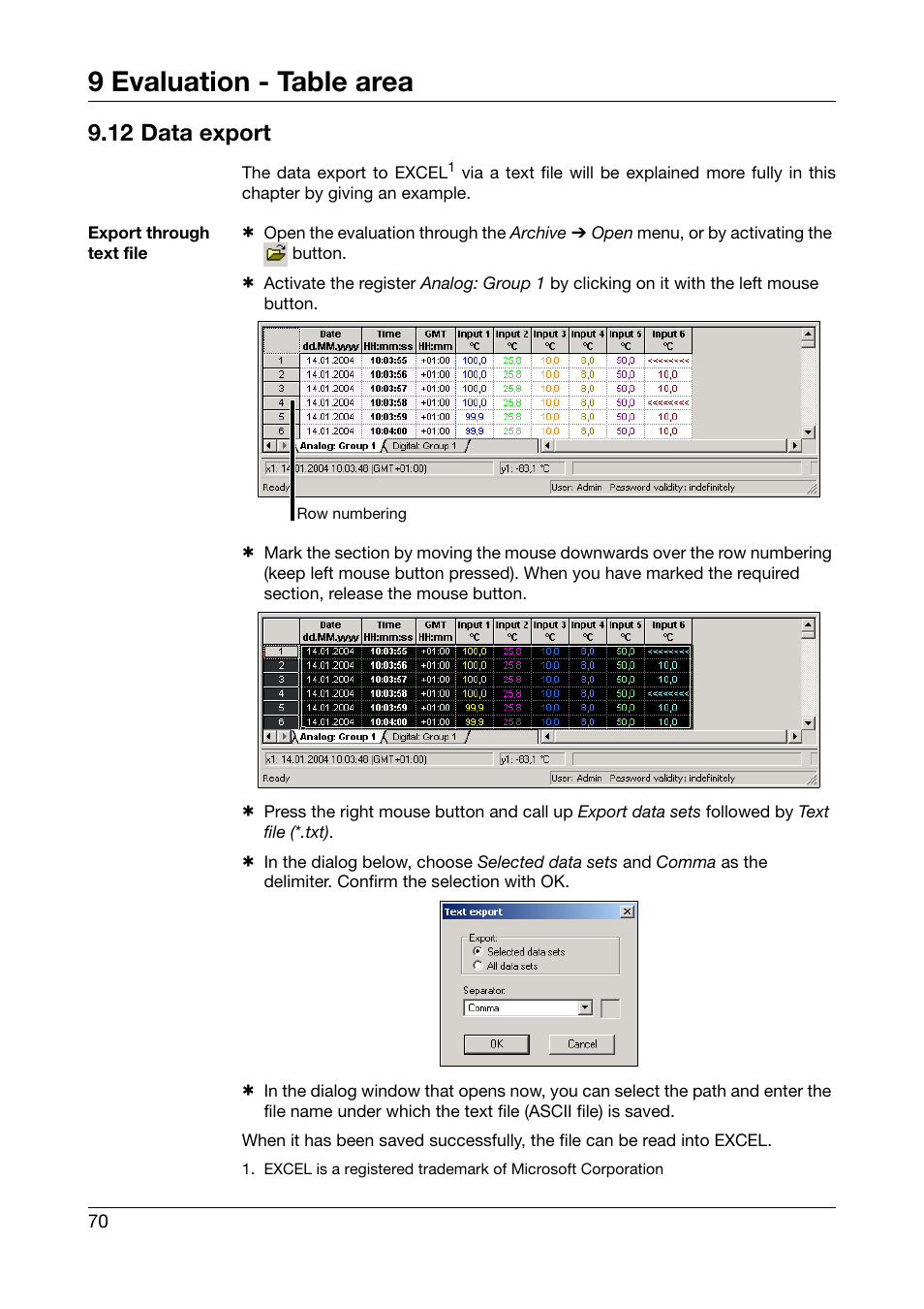 12 data export, 9 evaluation - table area | JUMO PCA3000 PC Evaluation Software User Manual | Page 70 / 94