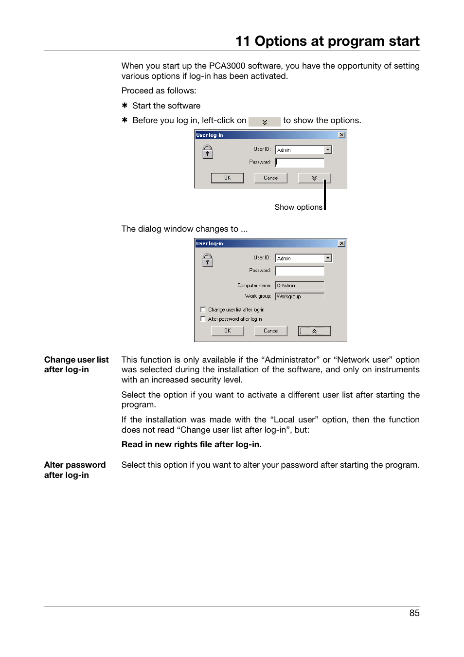 11 options at program start, Options at program start | JUMO PCA3000 PC Evaluation Software User Manual | Page 85 / 94