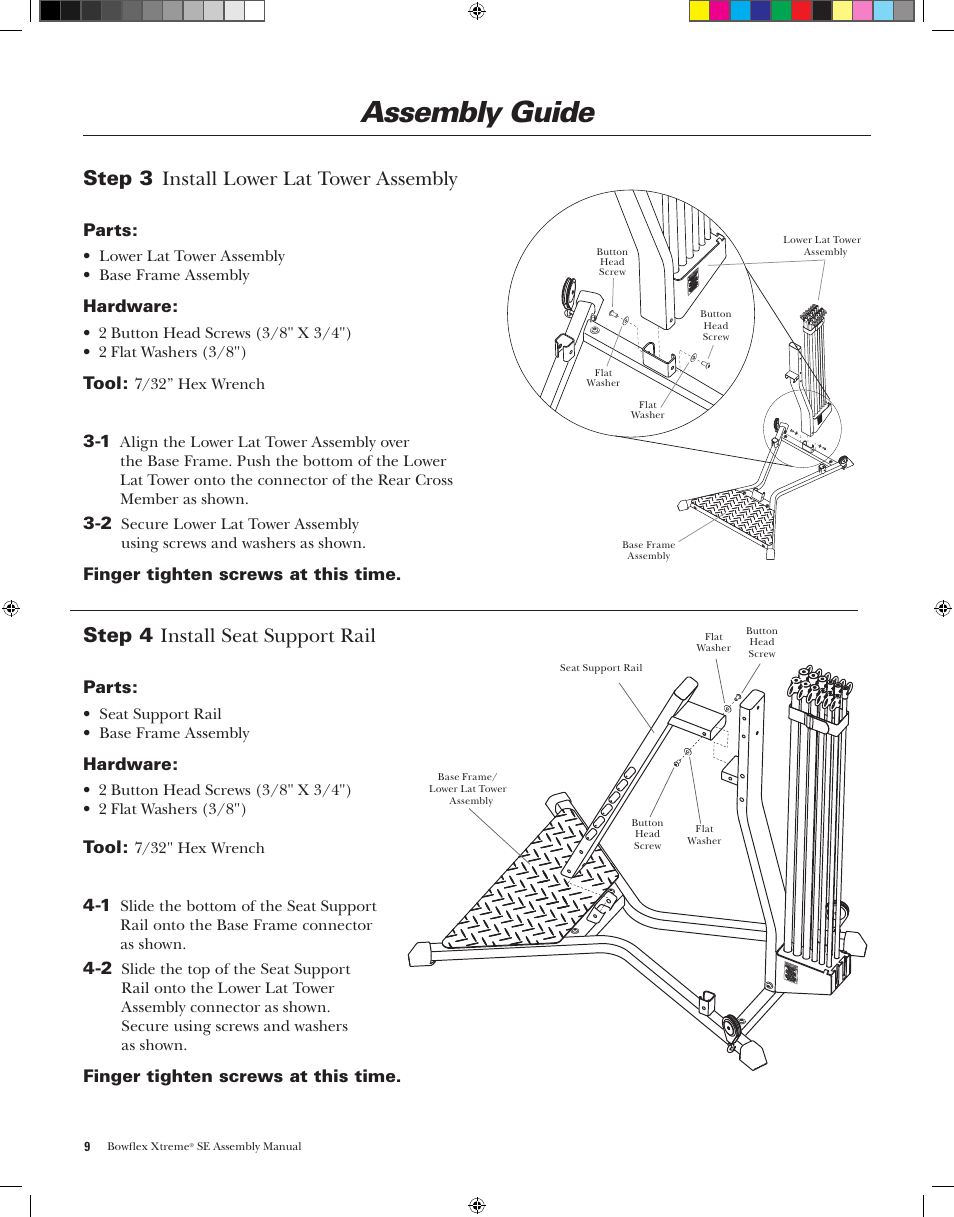 Assembly guide, Step 3, Install.lower.lat.tower.assembly | Step 4 install.seat.support.rail | Bowflex XtremeSE User Manual | Page 12 / 24