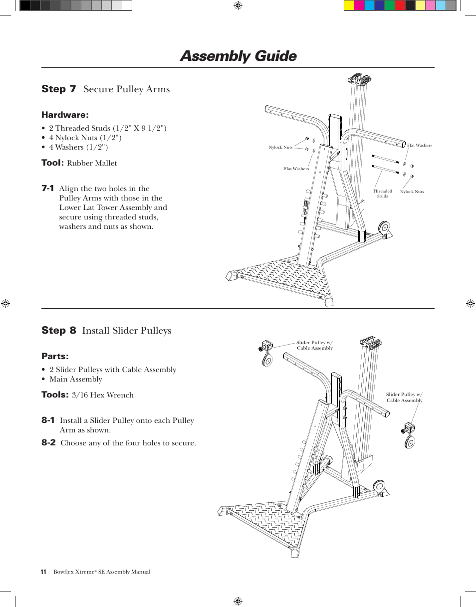 Assembly guide, Step 8 ...install.slider.pulleys, Step 7 secure.pulley.arms | Bowflex XtremeSE User Manual | Page 14 / 24