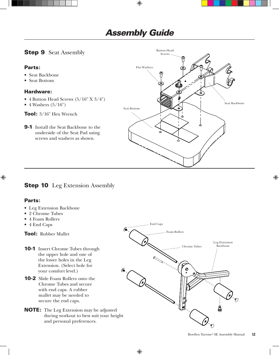 Assembly guide, Step 10 ..leg.extension.assembly, Step 9 ..seat.assembly | Bowflex XtremeSE User Manual | Page 15 / 24