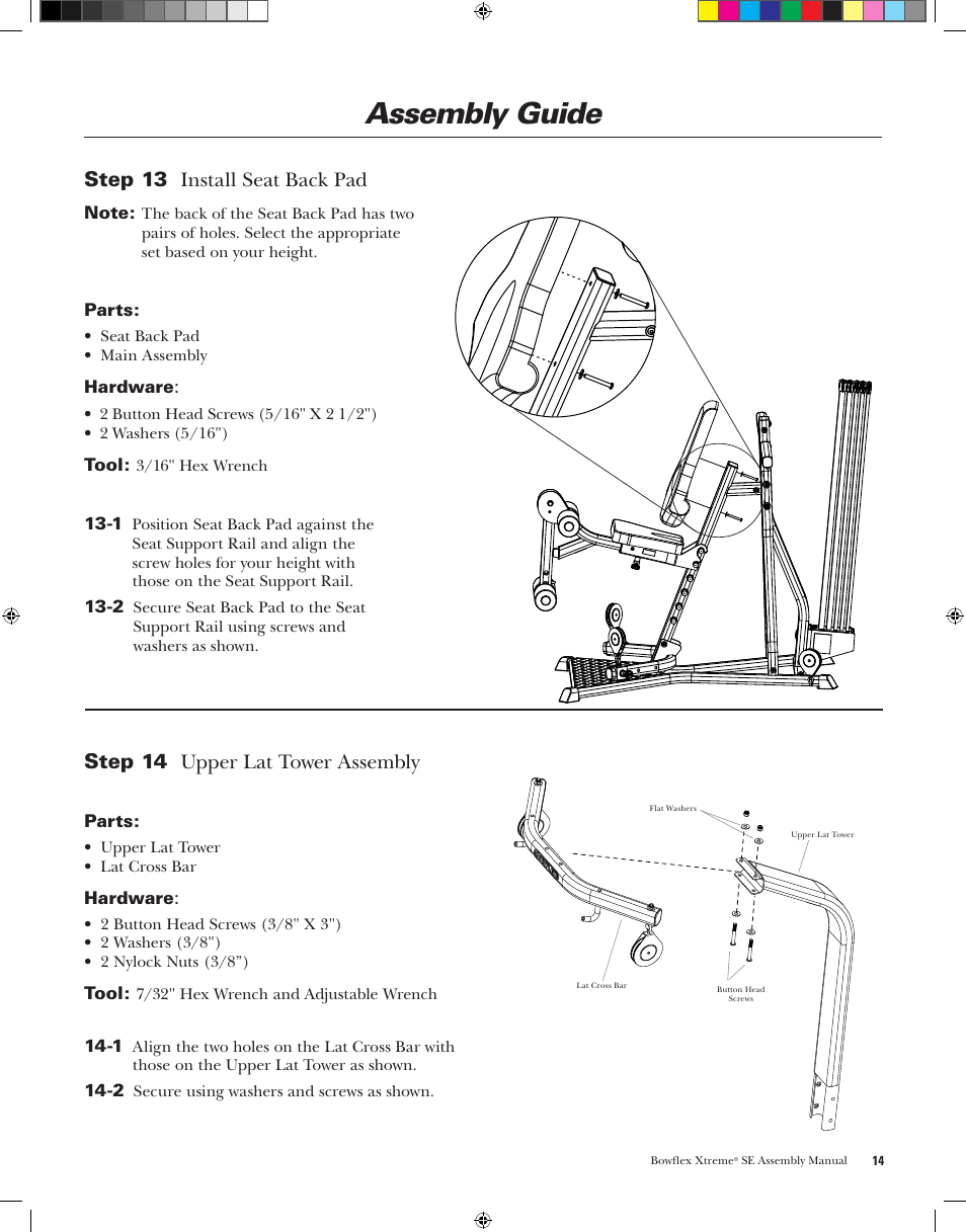 Assembly guide, Step 14 ..upper.lat.tower.assembly, Step 13 ..install.seat.back.pad | Bowflex XtremeSE User Manual | Page 17 / 24