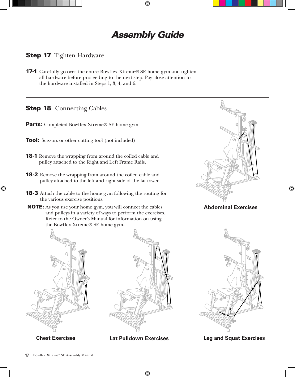 Assembly guide, Step 17, Tighten.hardware | Step 18 ..connecting.cables | Bowflex XtremeSE User Manual | Page 20 / 24