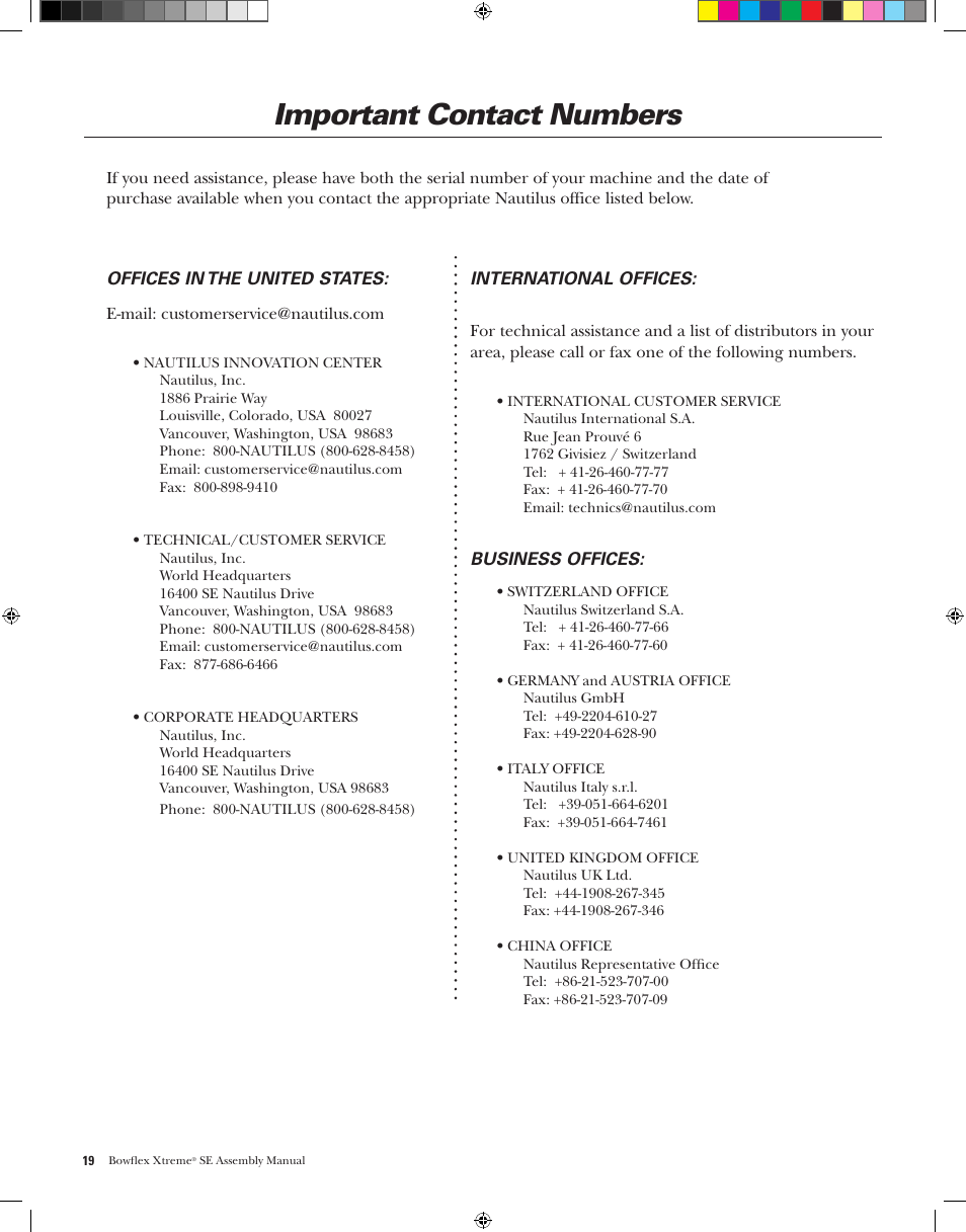 Important contact numbers | Bowflex XtremeSE User Manual | Page 22 / 24