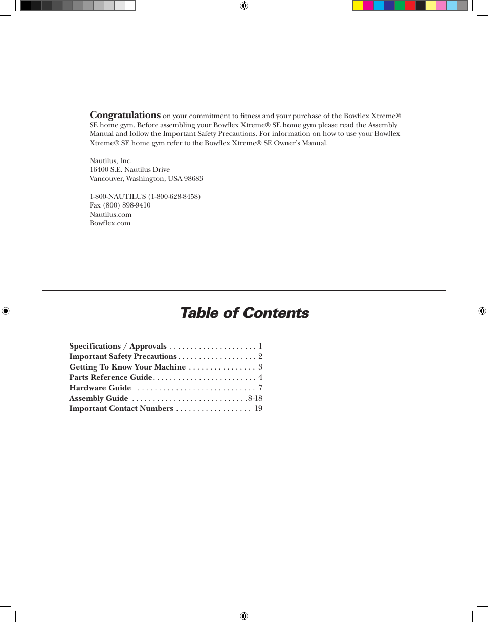 Bowflex XtremeSE User Manual | Page 3 / 24