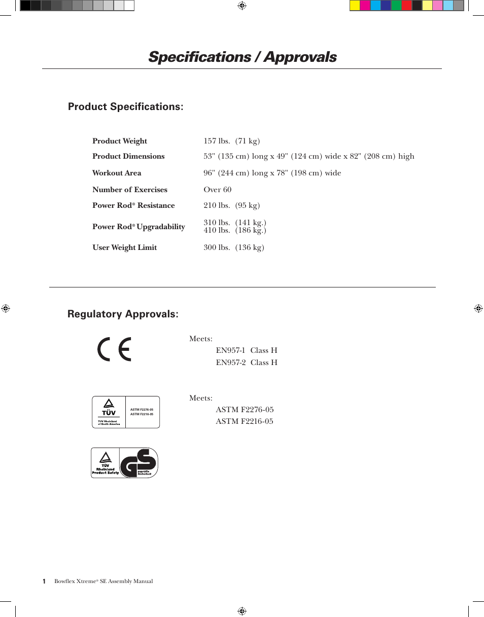 Specifications / approvals, Regulatory approvals, Product specifications | Bowflex XtremeSE User Manual | Page 4 / 24