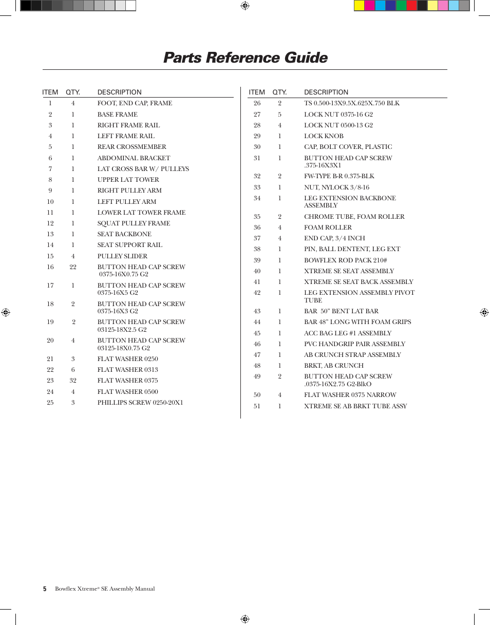 Parts reference guide | Bowflex XtremeSE User Manual | Page 8 / 24