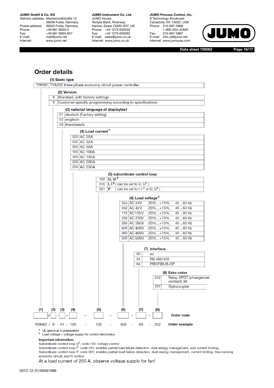JUMO 709062 TYA 202 - Three-Phase Power Controller Data Sheet User Manual | Page 16 / 17