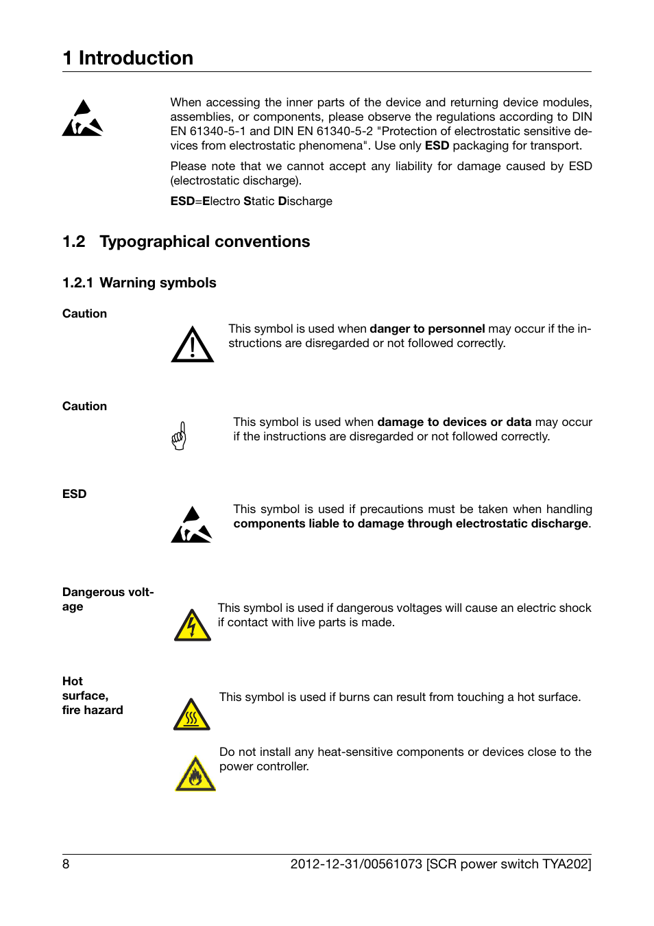2 typographical conventions, 1 warning symbols, Typographical conventions | Warning symbols, 1 introduction | JUMO 709062 TYA 202 - Three-Phase Power Controller Operating Manual User Manual | Page 10 / 112