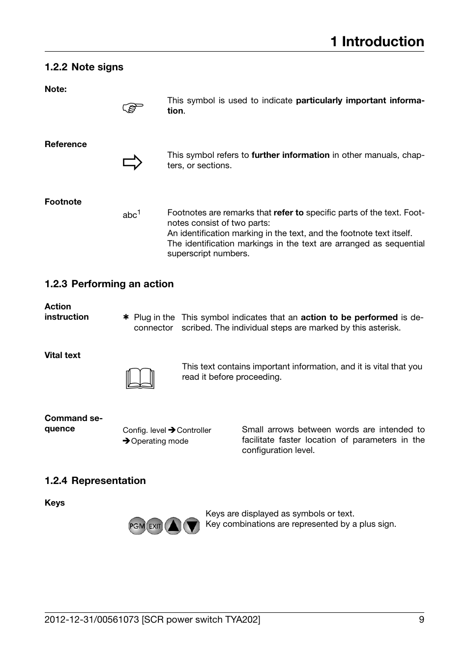 2 note signs, 3 performing an action, 4 representation | Note signs, Representation, 1 introduction | JUMO 709062 TYA 202 - Three-Phase Power Controller Operating Manual User Manual | Page 11 / 112
