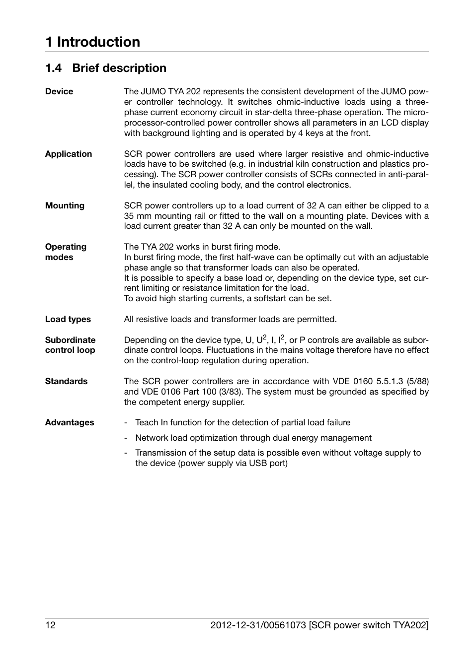 4 brief description, Brief description, 1 introduction | JUMO 709062 TYA 202 - Three-Phase Power Controller Operating Manual User Manual | Page 14 / 112