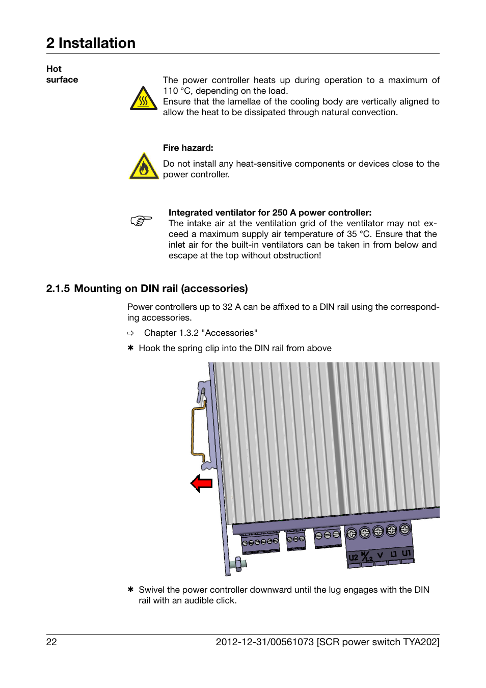 5 mounting on din rail (accessories), Mounting on din rail (accessories), 2 installation | JUMO 709062 TYA 202 - Three-Phase Power Controller Operating Manual User Manual | Page 24 / 112