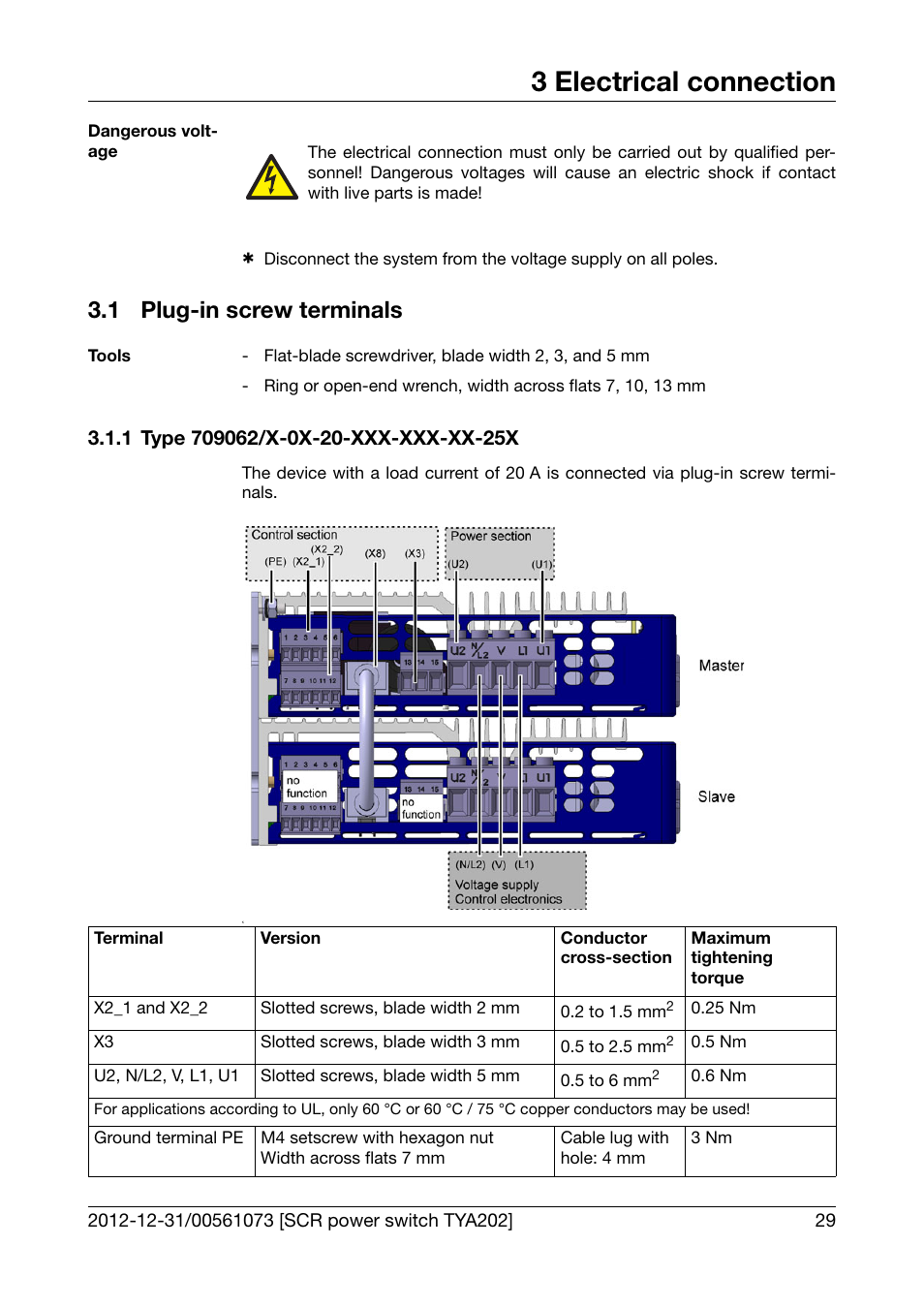 3 electrical connection, 1 plug-in screw terminals, 1 type 709062/x-0x-20-xxx-xxx-xx-25x | Electrical connection, Plug-in screw terminals, Type 709062/x-0x-20-xxx-xxx-xx-25x | JUMO 709062 TYA 202 - Three-Phase Power Controller Operating Manual User Manual | Page 31 / 112