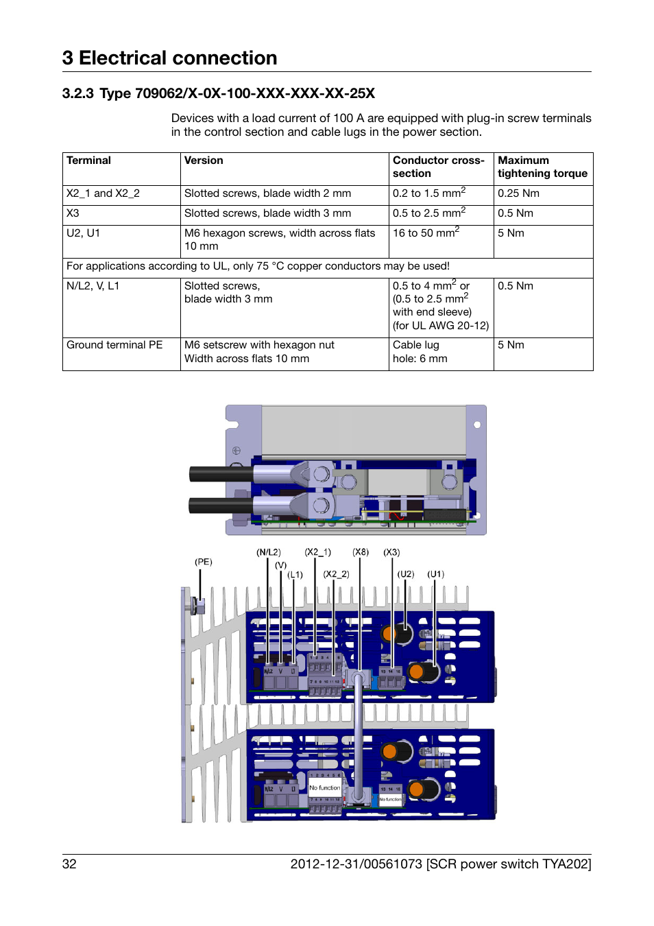 3 type 709062/x-0x-100-xxx-xxx-xx-25x, Type 709062/x-0x-100-xxx-xxx-xx-25x, 3 electrical connection | JUMO 709062 TYA 202 - Three-Phase Power Controller Operating Manual User Manual | Page 34 / 112