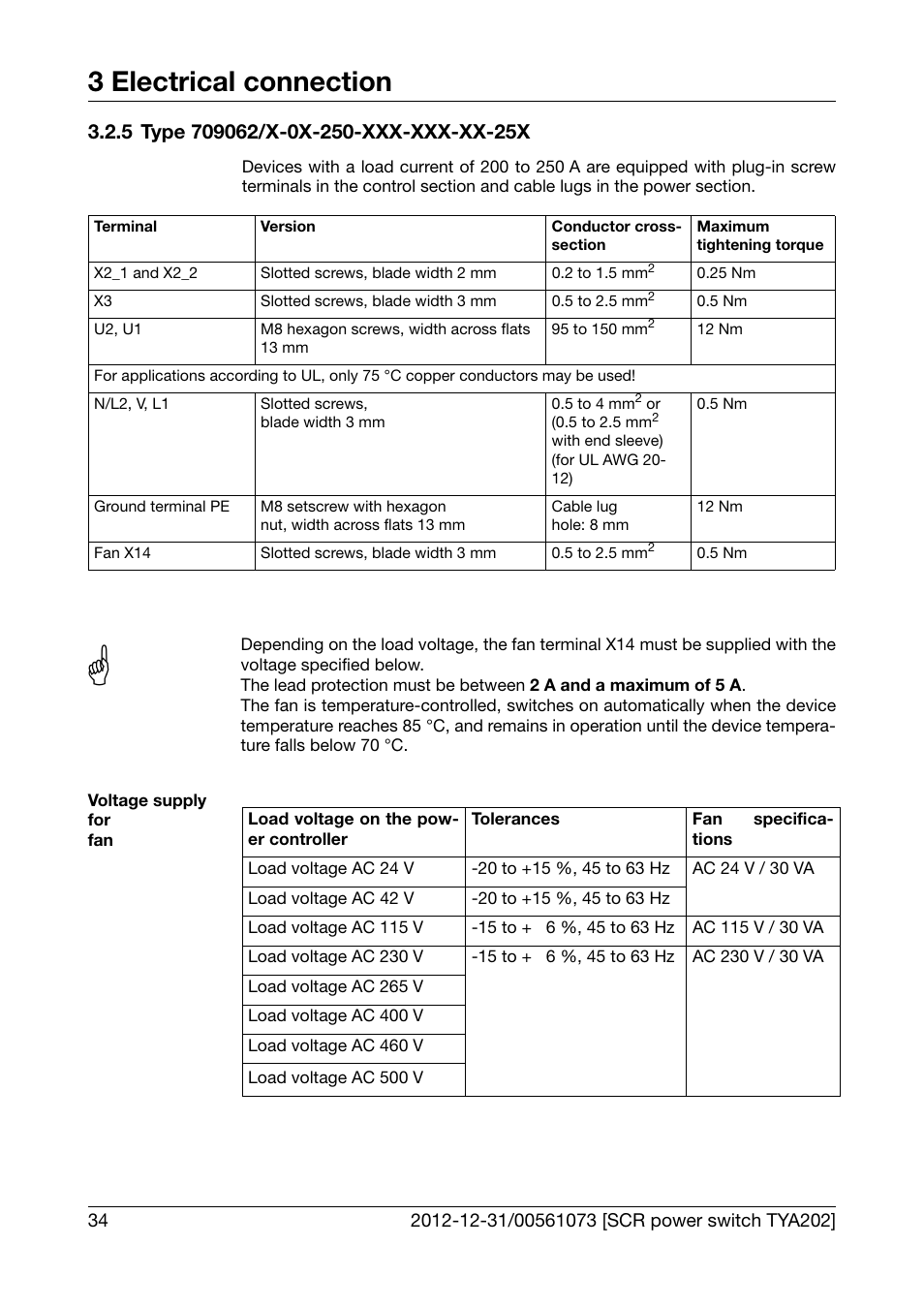 5 type 709062/x-0x-250-xxx-xxx-xx-25x, Type 709062/x-0x-250-xxx-xxx-xx-25x, 3 electrical connection | JUMO 709062 TYA 202 - Three-Phase Power Controller Operating Manual User Manual | Page 36 / 112