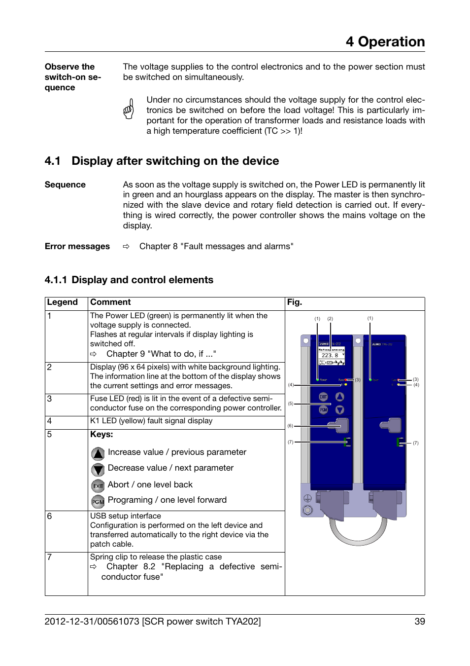 4 operation, 1 display after switching on the device, 1 display and control elements | Operation, Display after switching on the device, Display and control elements | JUMO 709062 TYA 202 - Three-Phase Power Controller Operating Manual User Manual | Page 41 / 112