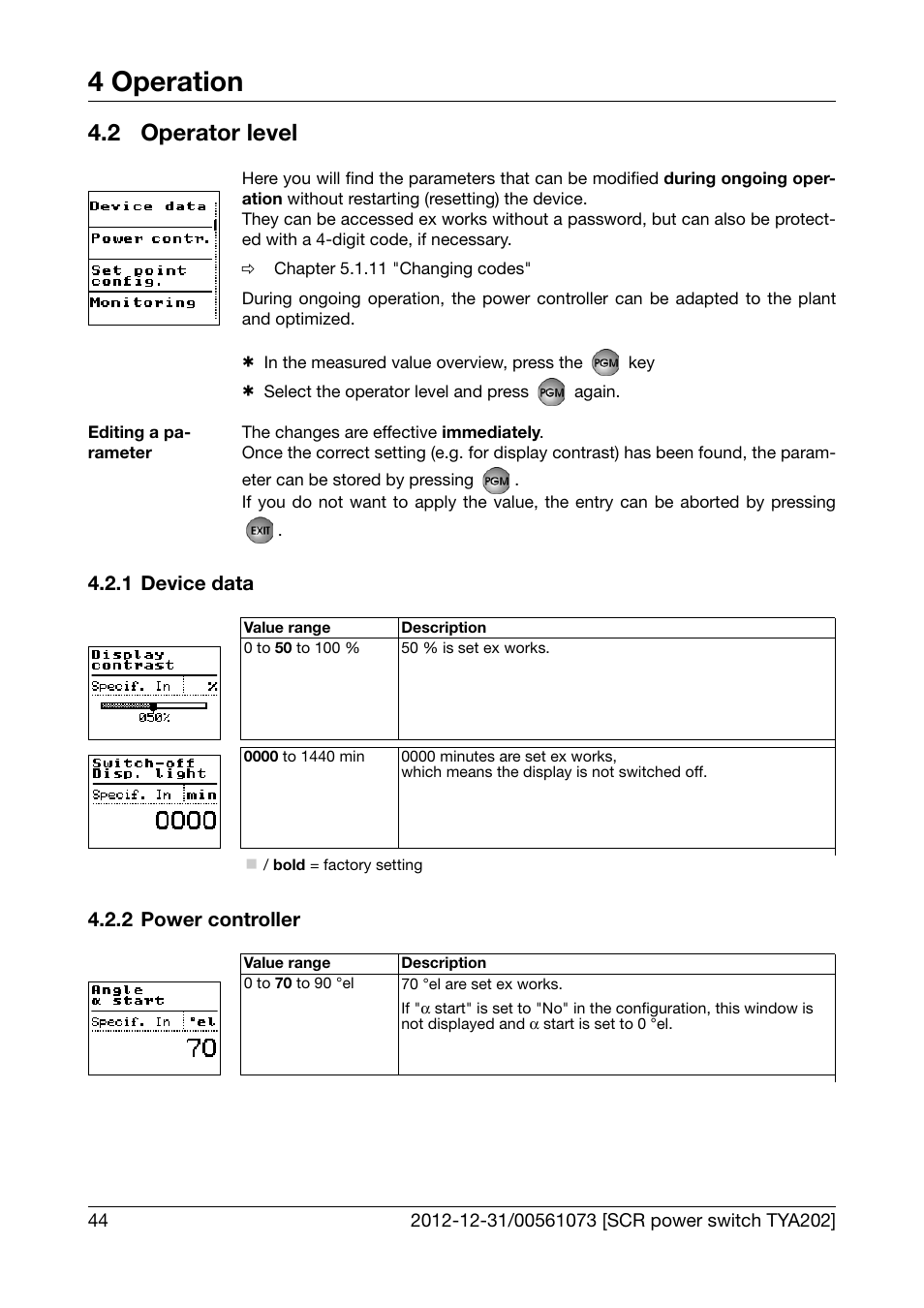 2 operator level, 1 device data, 2 power controller | Operator level, Device data, Power controller, 4 operation | JUMO 709062 TYA 202 - Three-Phase Power Controller Operating Manual User Manual | Page 46 / 112