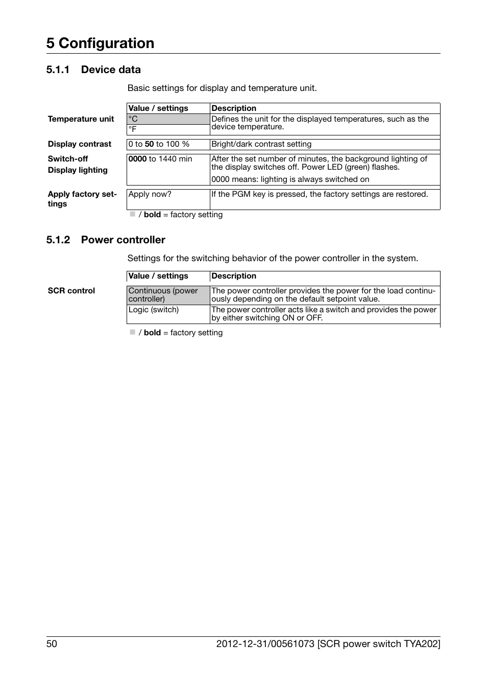 1 device data, 2 power controller, Device data | Power controller, Scr control, 5 configuration | JUMO 709062 TYA 202 - Three-Phase Power Controller Operating Manual User Manual | Page 52 / 112