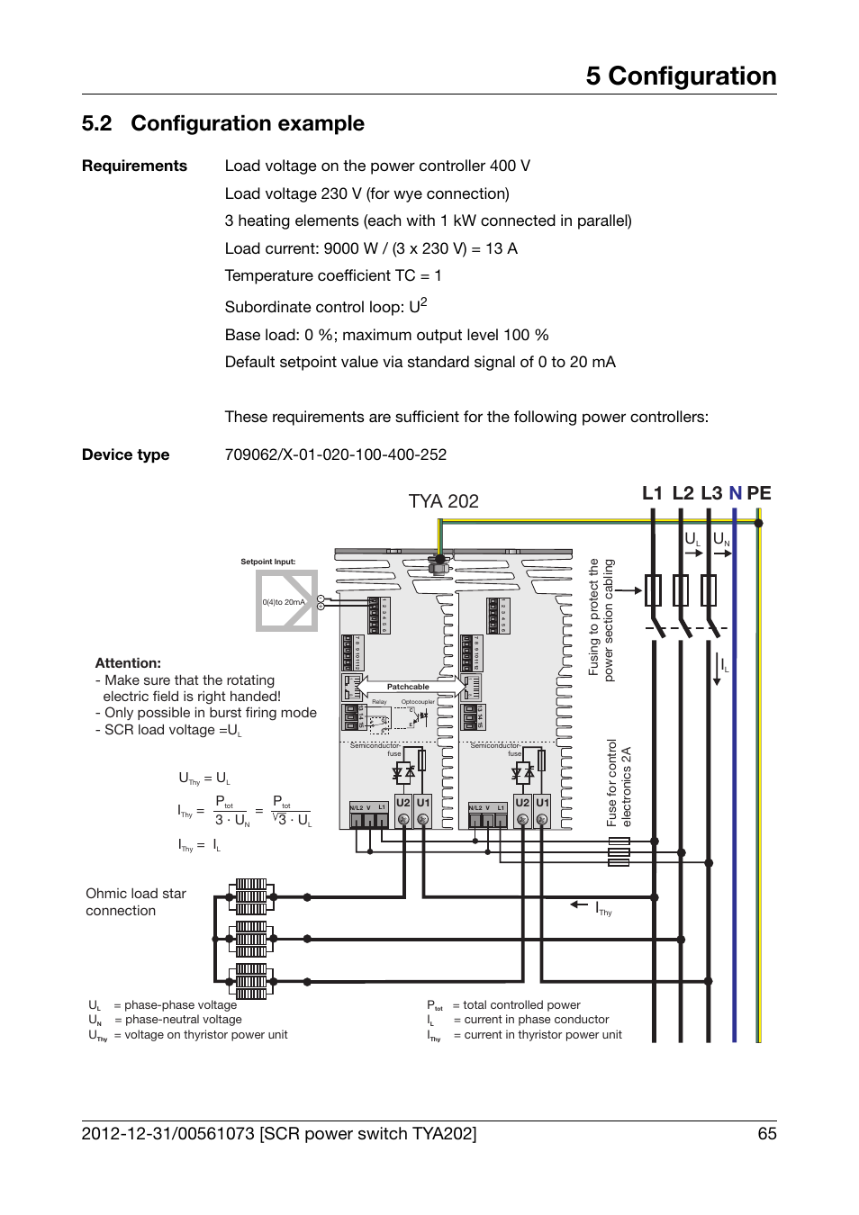 2 configuration example, Configuration example, 5 configuration | Tya 202, L1 n l2 l3 pe, Ohmic load star connection, U= u, 3 · u | JUMO 709062 TYA 202 - Three-Phase Power Controller Operating Manual User Manual | Page 67 / 112