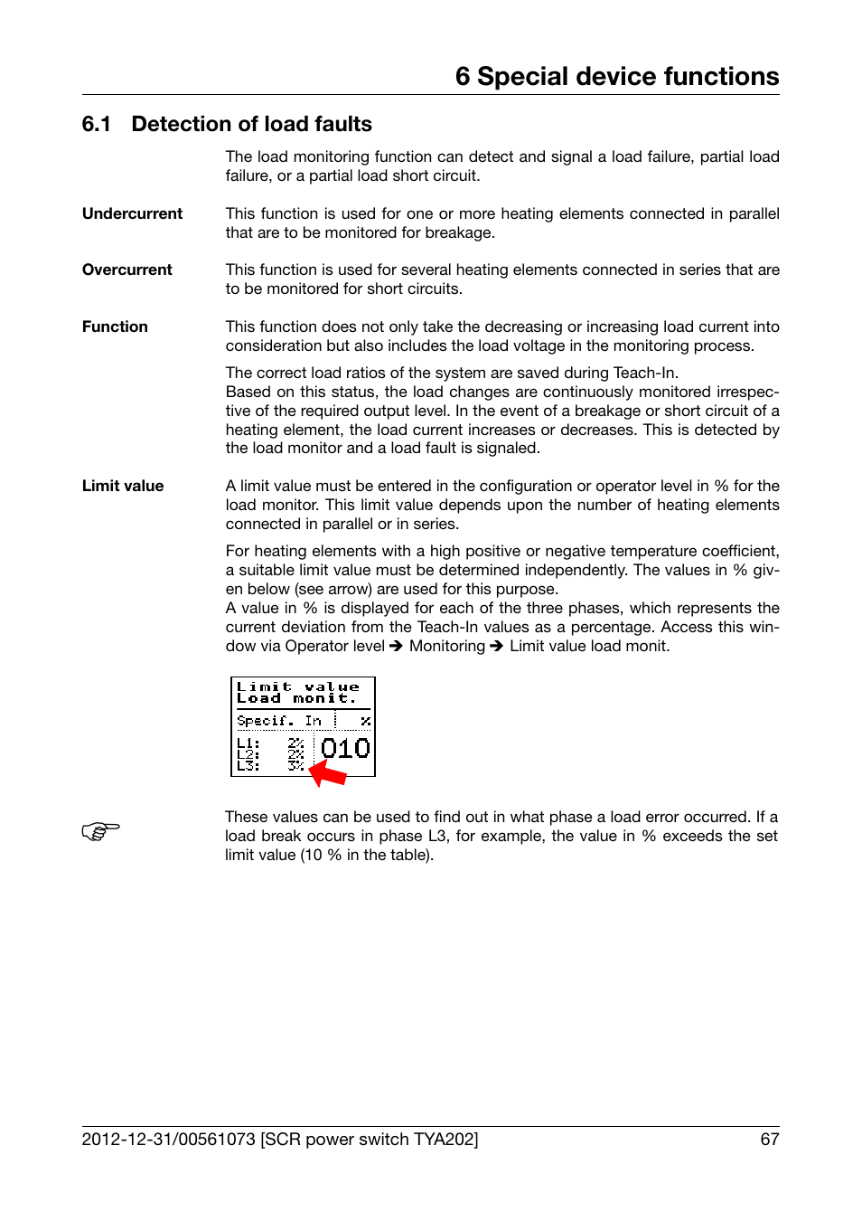 6 special device functions, 1 detection of load faults, Special device functions | Detection of load faults, Chapter 6.1 "detection of load faults | JUMO 709062 TYA 202 - Three-Phase Power Controller Operating Manual User Manual | Page 69 / 112
