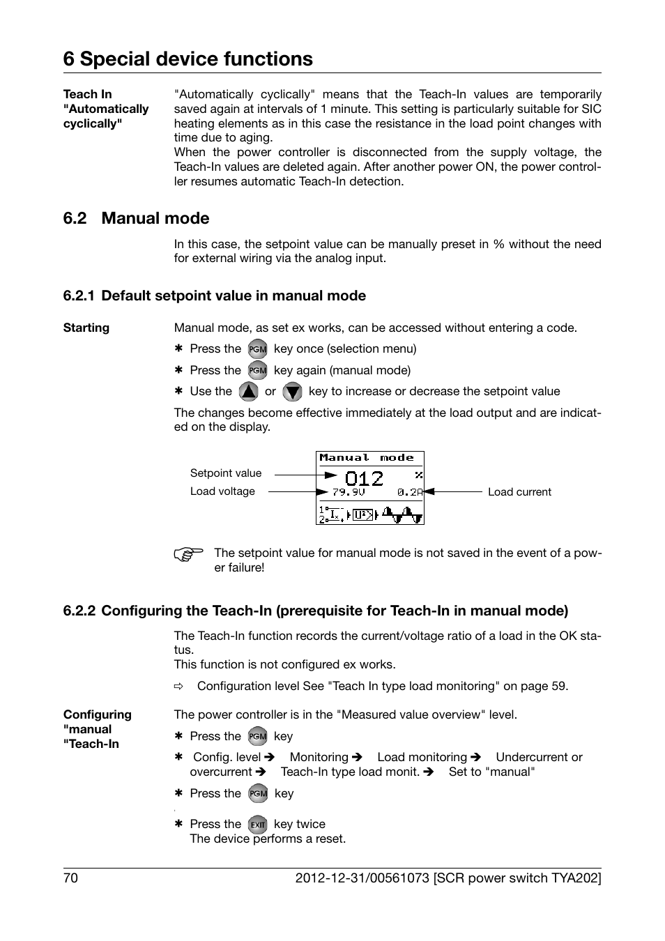 2 manual mode, 1 default setpoint value in manual mode, Manual mode | Default setpoint value in manual mode, Chapter 6.2.2 "configuring the teach-in (prerequi, Site for teach-in in manual mode), 6 special device functions | JUMO 709062 TYA 202 - Three-Phase Power Controller Operating Manual User Manual | Page 72 / 112