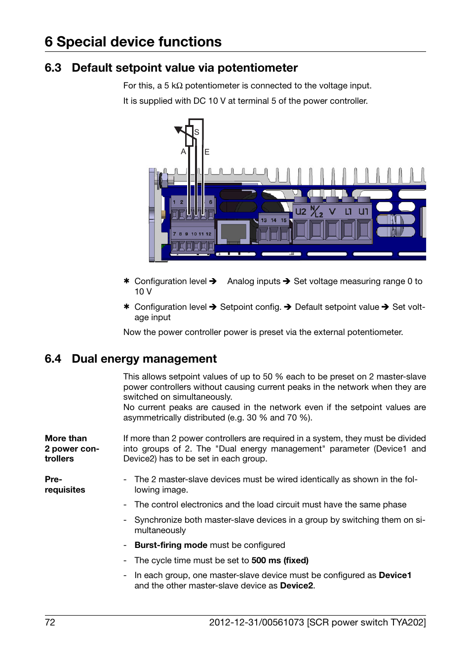 3 default setpoint value via potentiometer, 4 dual energy management, Default setpoint value via potentiometer | Dual energy management, 6 special device functions | JUMO 709062 TYA 202 - Three-Phase Power Controller Operating Manual User Manual | Page 74 / 112