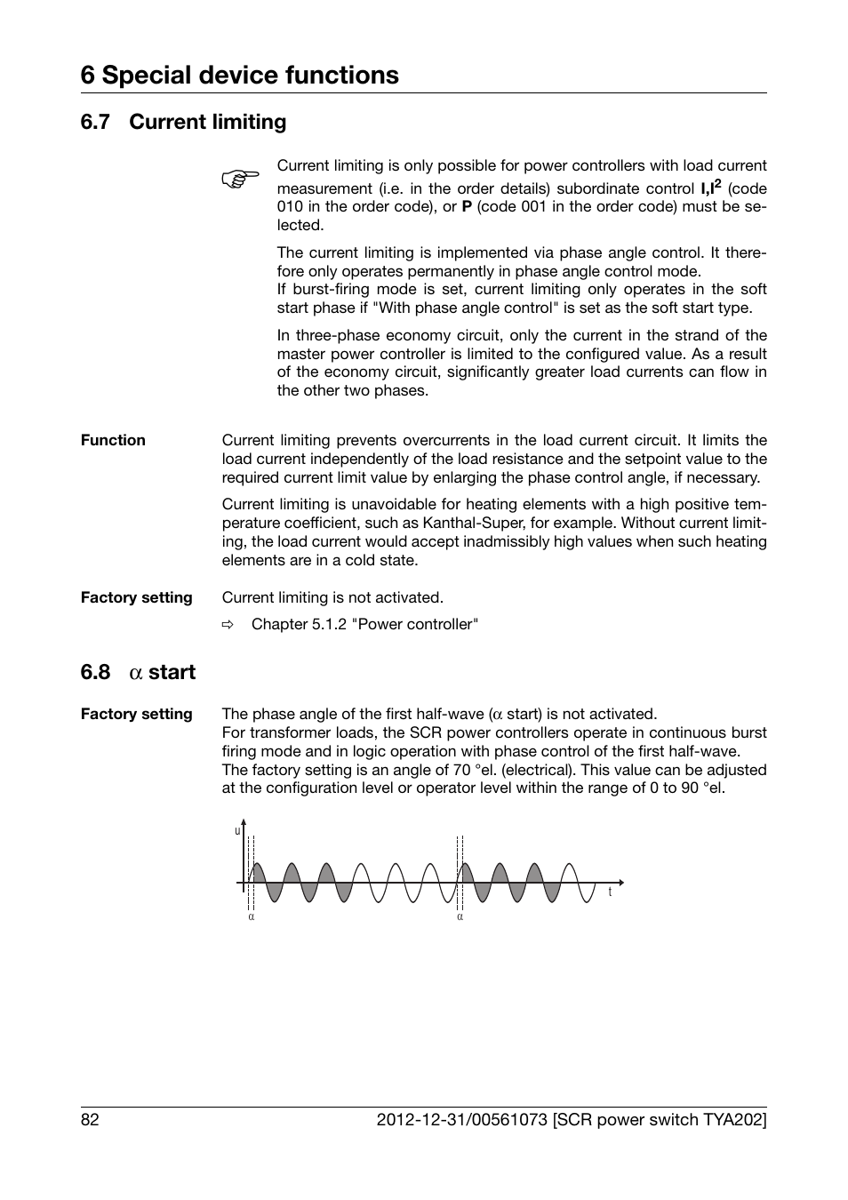 7 current limiting, 8 a start, Current limiting | 6 special device functions, 8 α start | JUMO 709062 TYA 202 - Three-Phase Power Controller Operating Manual User Manual | Page 84 / 112
