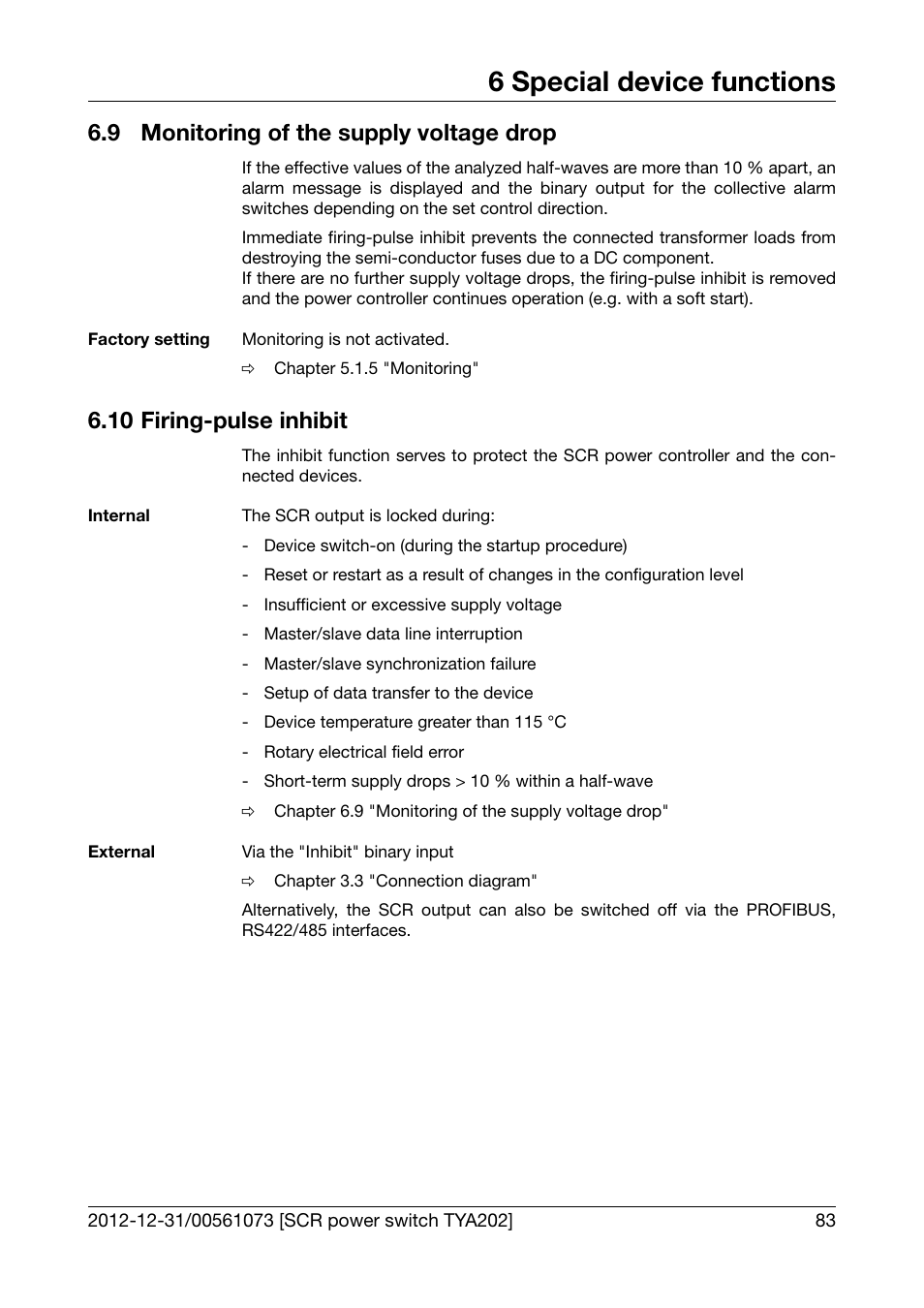 9 monitoring of the supply voltage drop, 10 firing-pulse inhibit, Monitoring of the supply voltage drop | Firing-pulse inhibit, 6 special device functions | JUMO 709062 TYA 202 - Three-Phase Power Controller Operating Manual User Manual | Page 85 / 112