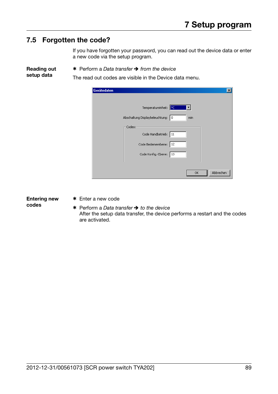 5 forgotten the code, Forgotten the code, 7 setup program | JUMO 709062 TYA 202 - Three-Phase Power Controller Operating Manual User Manual | Page 91 / 112