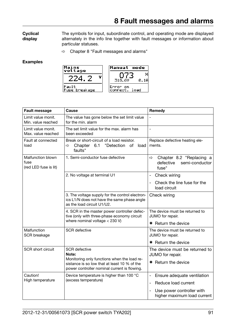8 fault messages and alarms, Fault messages and alarms, Chapter 8 "fault messages and alarms | JUMO 709062 TYA 202 - Three-Phase Power Controller Operating Manual User Manual | Page 93 / 112